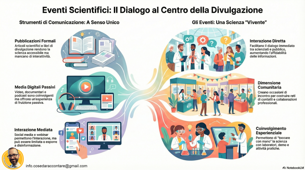 Infografica che elenca gli strumenti della comunicazione scientifica: pubblicazioni, media digitali, eventi.
